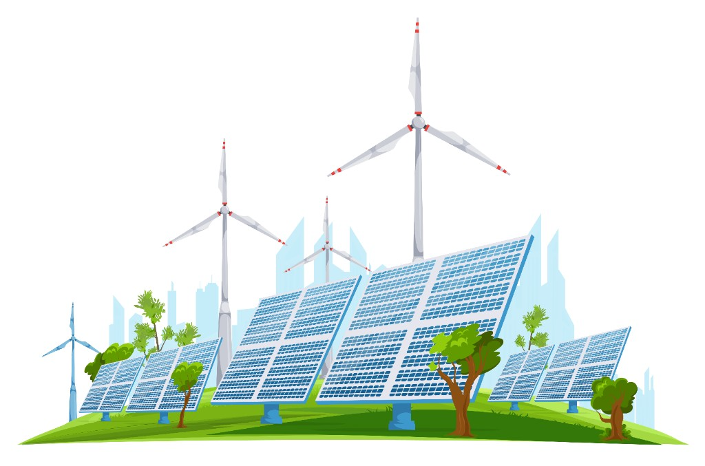 Solar panels and wind turbines powering a modern city