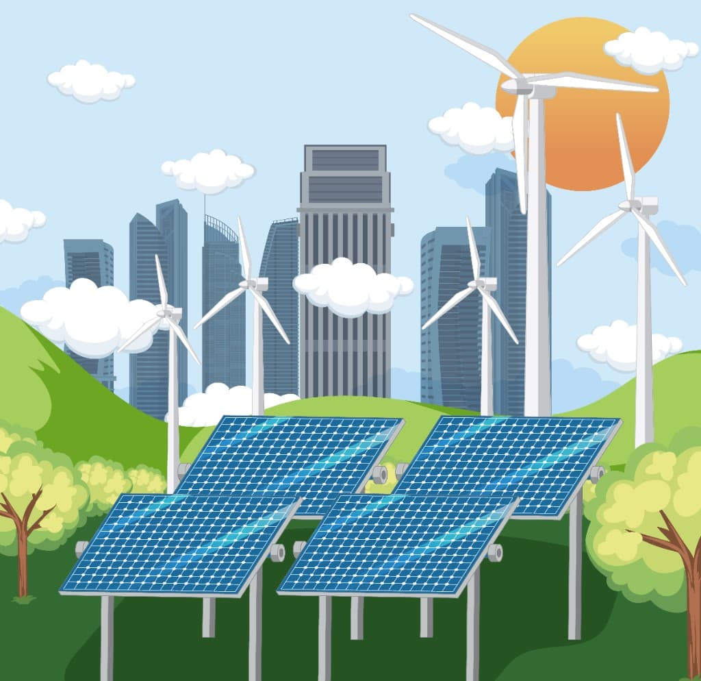 Wind turbines and solar panels across green landscape